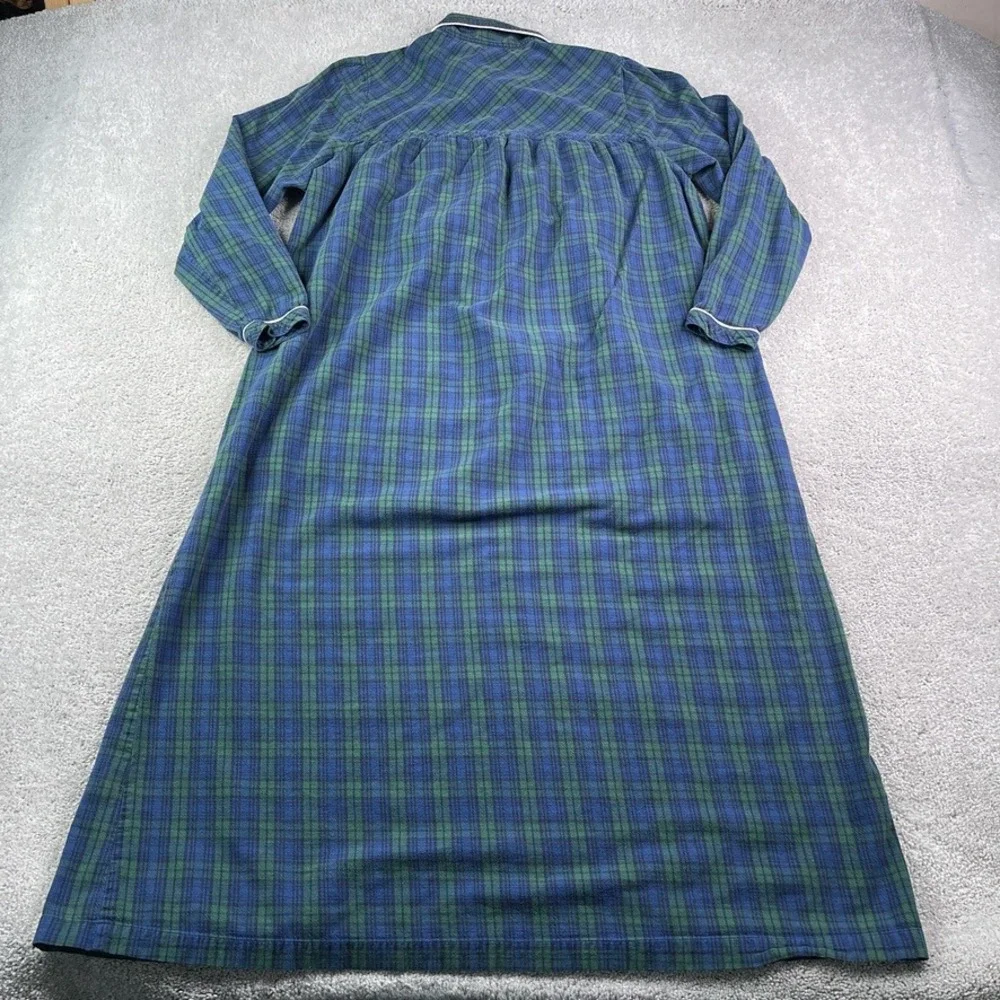 Vintage LL Bean Nightgown Womens Medium Green Blue Tartan Plaid Flannel Pajamas